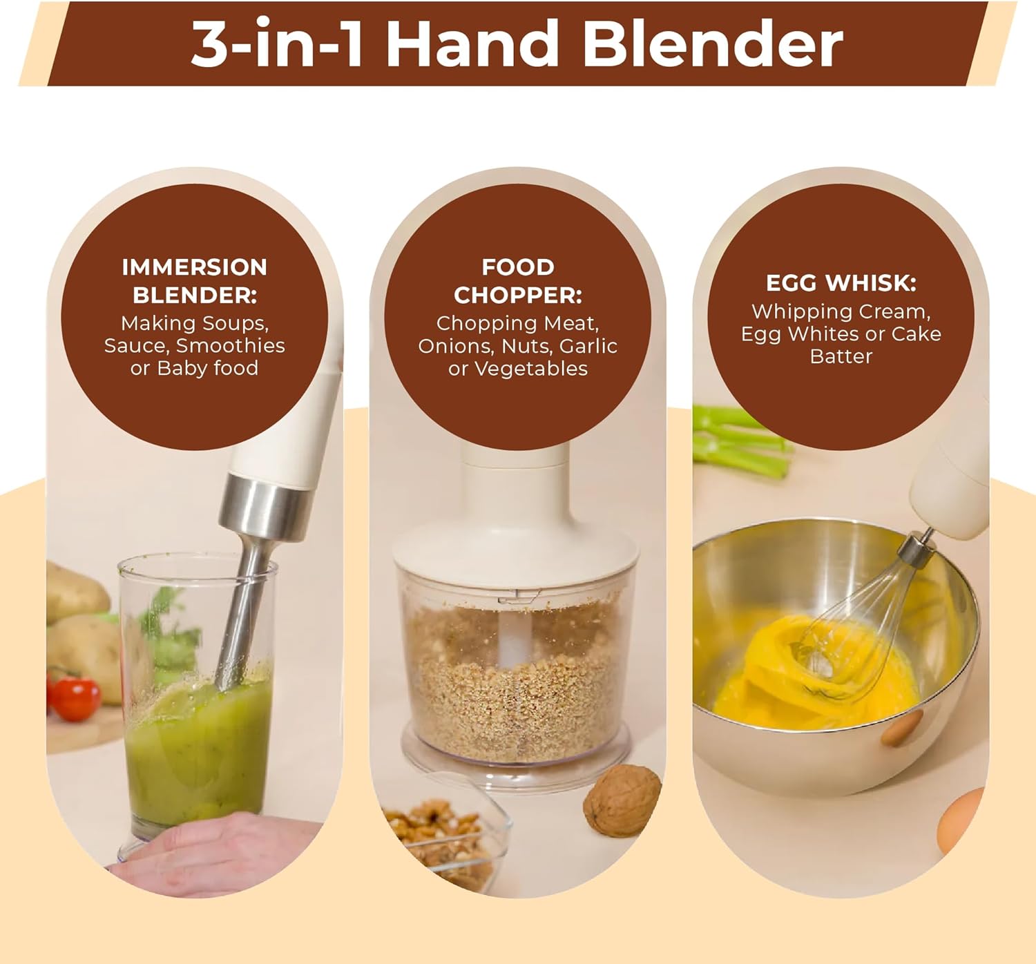 CARTMAN Cordless 3 In 1 Immersion Hand Blender with Removable Battery, with Stainless Steel Blade, Chopper, Whisk, for Soup, Juice, Outdoor Picnic,Variable Speed, Dishwasher-Safe