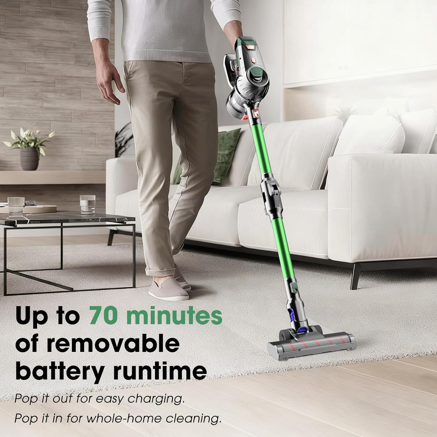 Cordless Vacuum Cleaner, Upgraded 15KPA 70 Minutes, Powerful Suction, Rechargeable, Lightweight, 180° Bendable Cane Vacuum Cleaner for Home/Pet Hair/Carpet/Floor