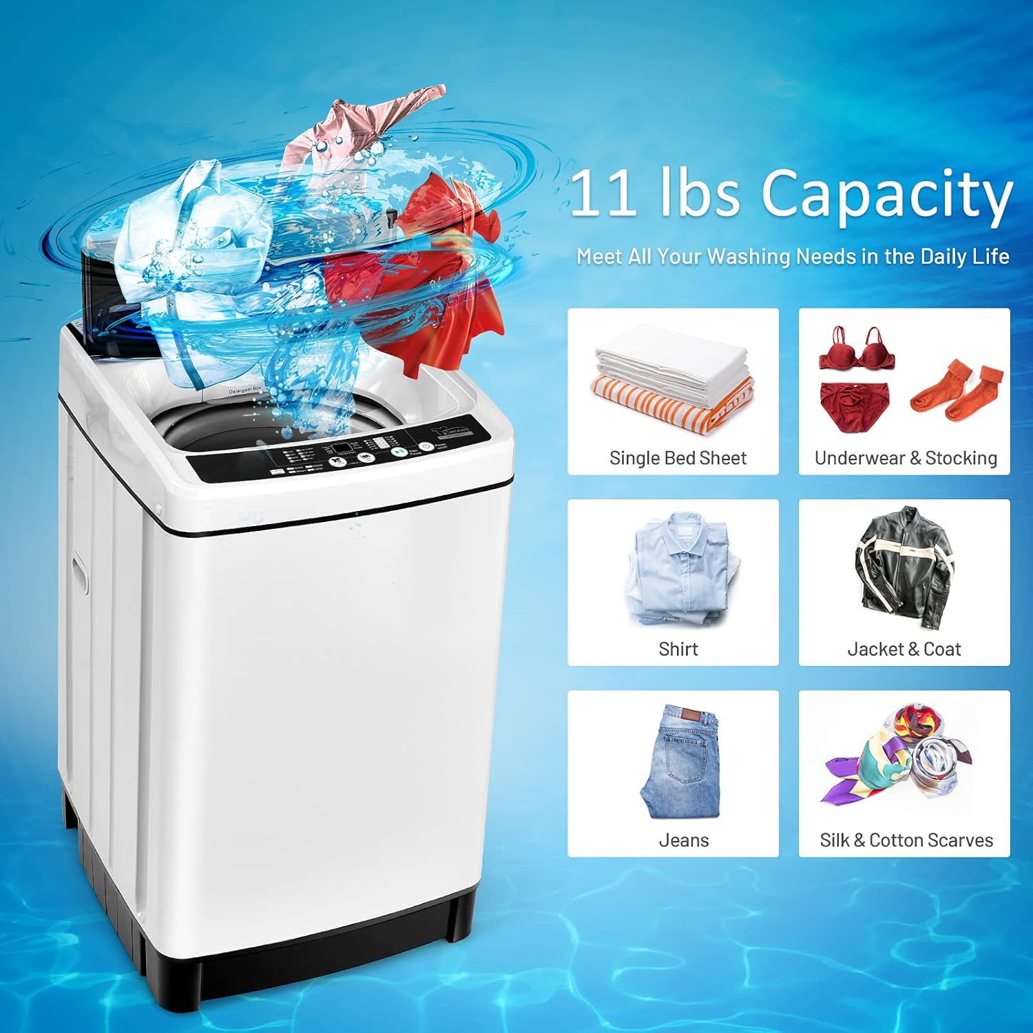 COSTWAY Portable Washing Machine, 11Lbs Capacity Full-automatic Washer with 8 Wash Programs, LED Display, 10 Water Levels, Compact Laundry Washer and Spinner Combo for Apartment Dorm, White