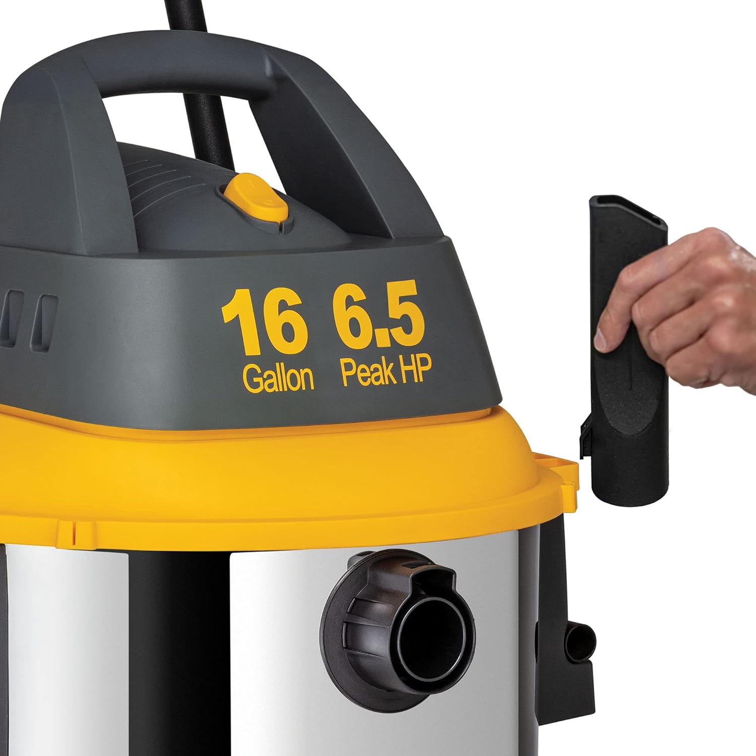 Koblenz Contractor Wet Dry Vacuum Cleaner, Stainless Steel Vacuum with Quiet Motor, 16 Gallon/6.5 HP Powerful Vacuum, Jobsite Vacuum with Pull Handle, Accessories Included, Gray+Yellow
