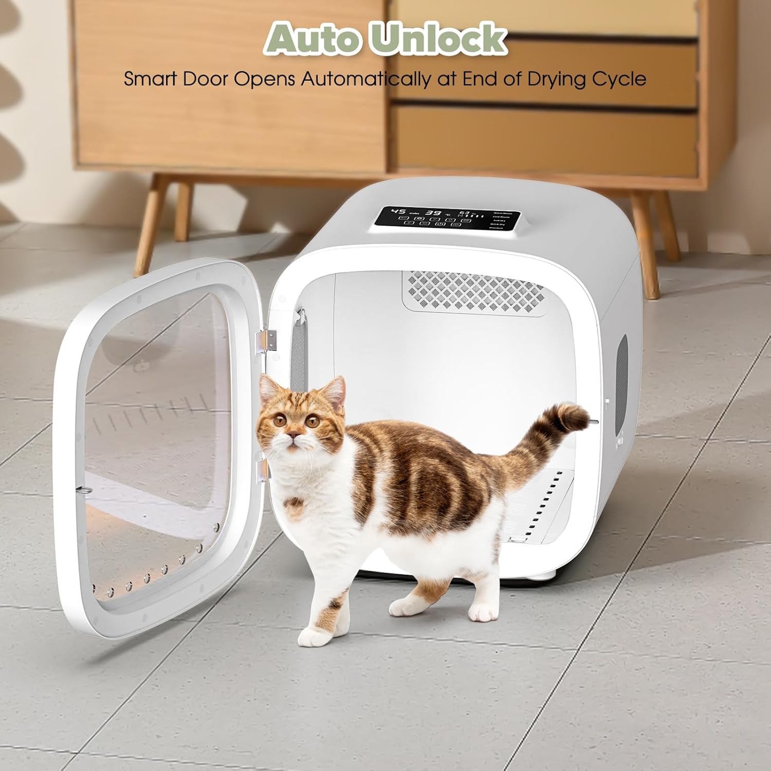 52L Automatic Pet Dryer Box with 5 Modes, Hands-Free Pet Grooming Dryer for Cats & Dogs, Adjustable Temperature & Wind Speed, Low Noise, Safety Features, Timer & Interior Light