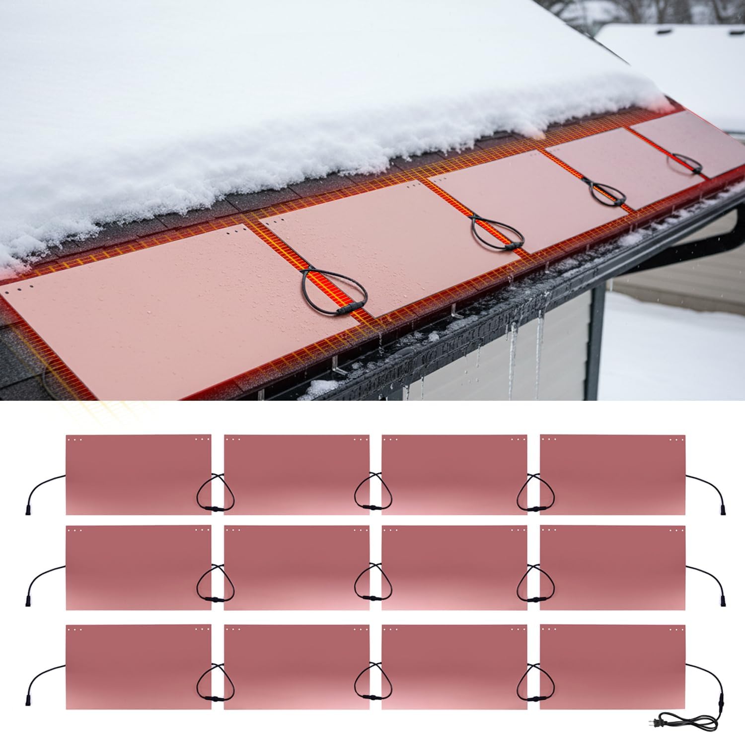 H&G lifestyles 24FT Roof Snow Melting System, Roof Heaters to Prevent Ice Dams, Roof Ice Melt System Heated Aluminum Panels with Self-Regulating 8W/FT Heat Cable,De-Icing Kit with Clips(12 Packs)