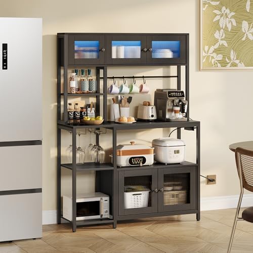 HOOBRO Bakers Rack with Power Outlet and LED Light, 45.3 Inch Microwave Stand with Shelves, Coffee Bar Cabinet with Wine Rack & 4-S Hooks, Kitchen Utility Storage Shelf with Cabinet, Black BB16UDHB01