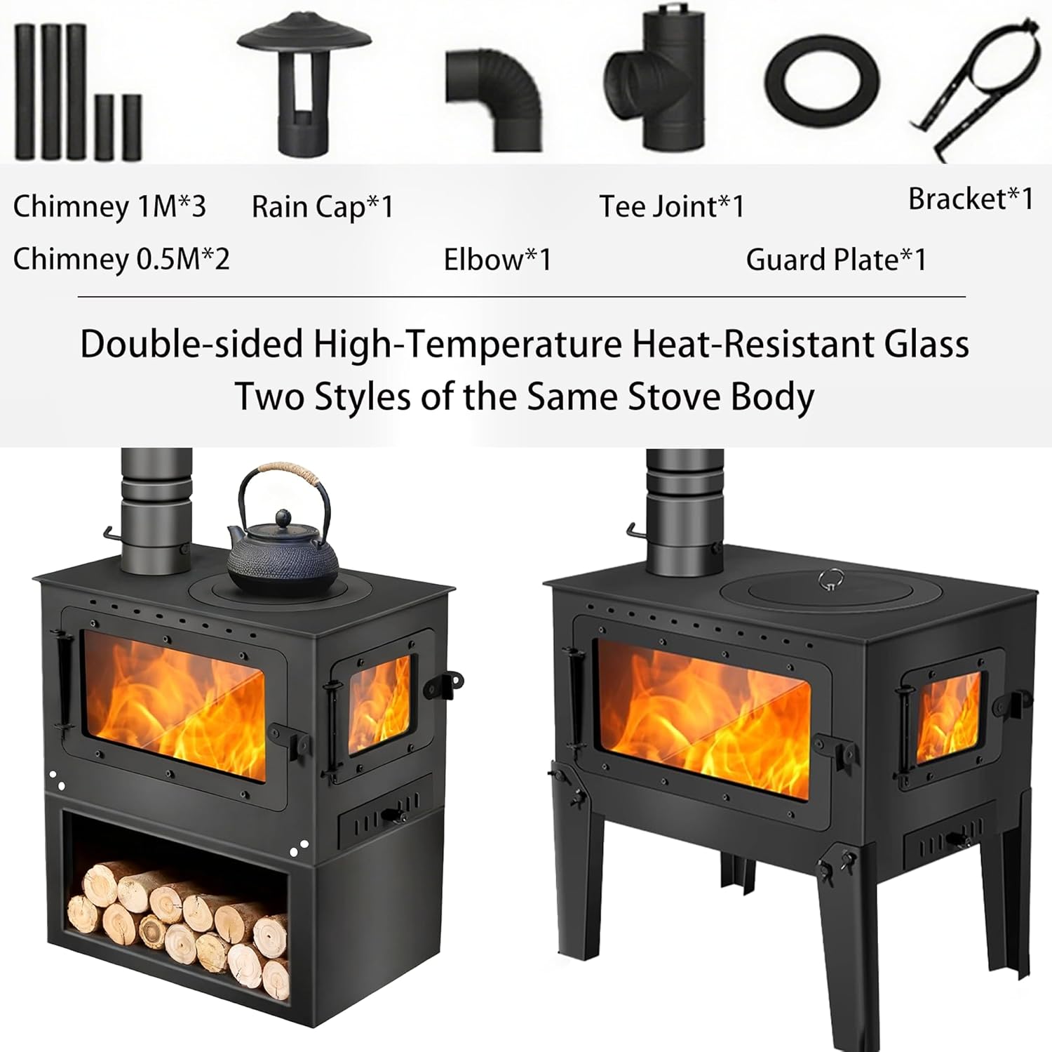Wood Burning Stove with Legs, Black Steel, Includes Firewood Storage Rack and Fireplace Poker, Multi-View Glass Door,Heating coverage for 200–750 square feet