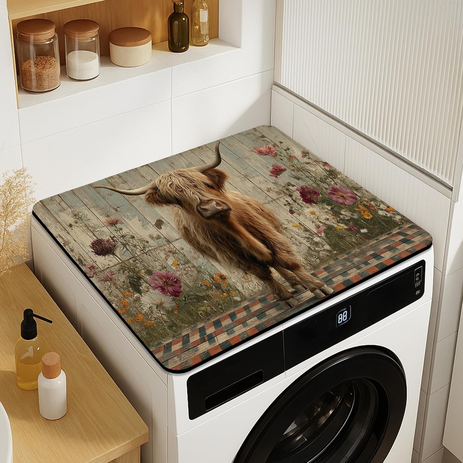 Highland Cow Washer Dryer Top Protector Mat, Vintage Rustic Floral Laundry Machine Dust Cover, Autumn Rubber Anti-slip Waterproof Mats for Home 20x24 Inch