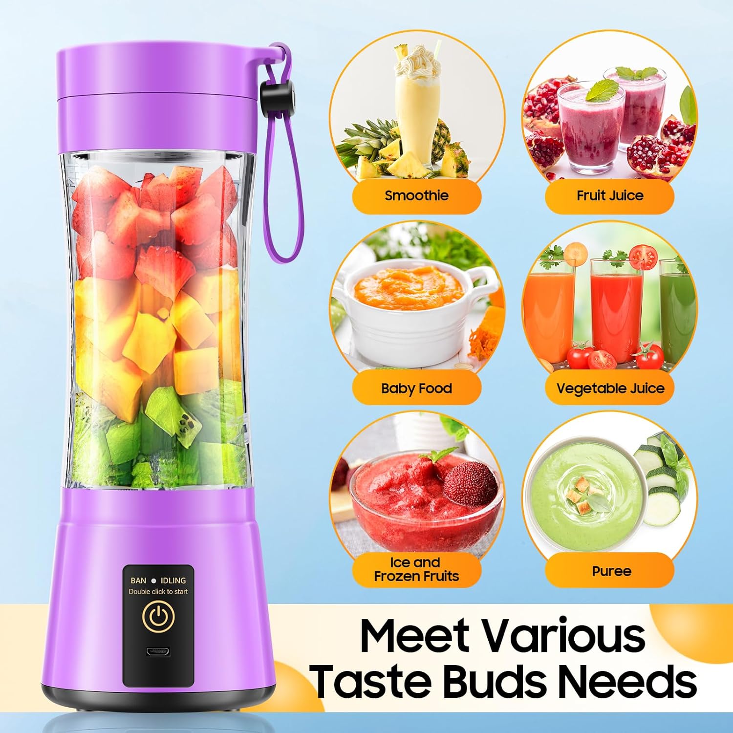 Cordless Portable Personal Size Blender - USB Rechargeable Blender for Smoothies and Shakes, 6 Blades with 380Ml BPA Free Juice Cup, Freshly Squeezed for Picnic/Sports