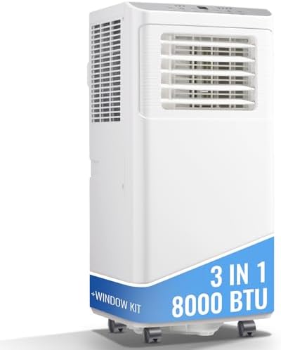 8000 BTU Portable Air Conditioner 3 In 1 AC Unit with Remote Control Dehumidifier, Fan Mode Suit for Room up to 250 Sq. ft White