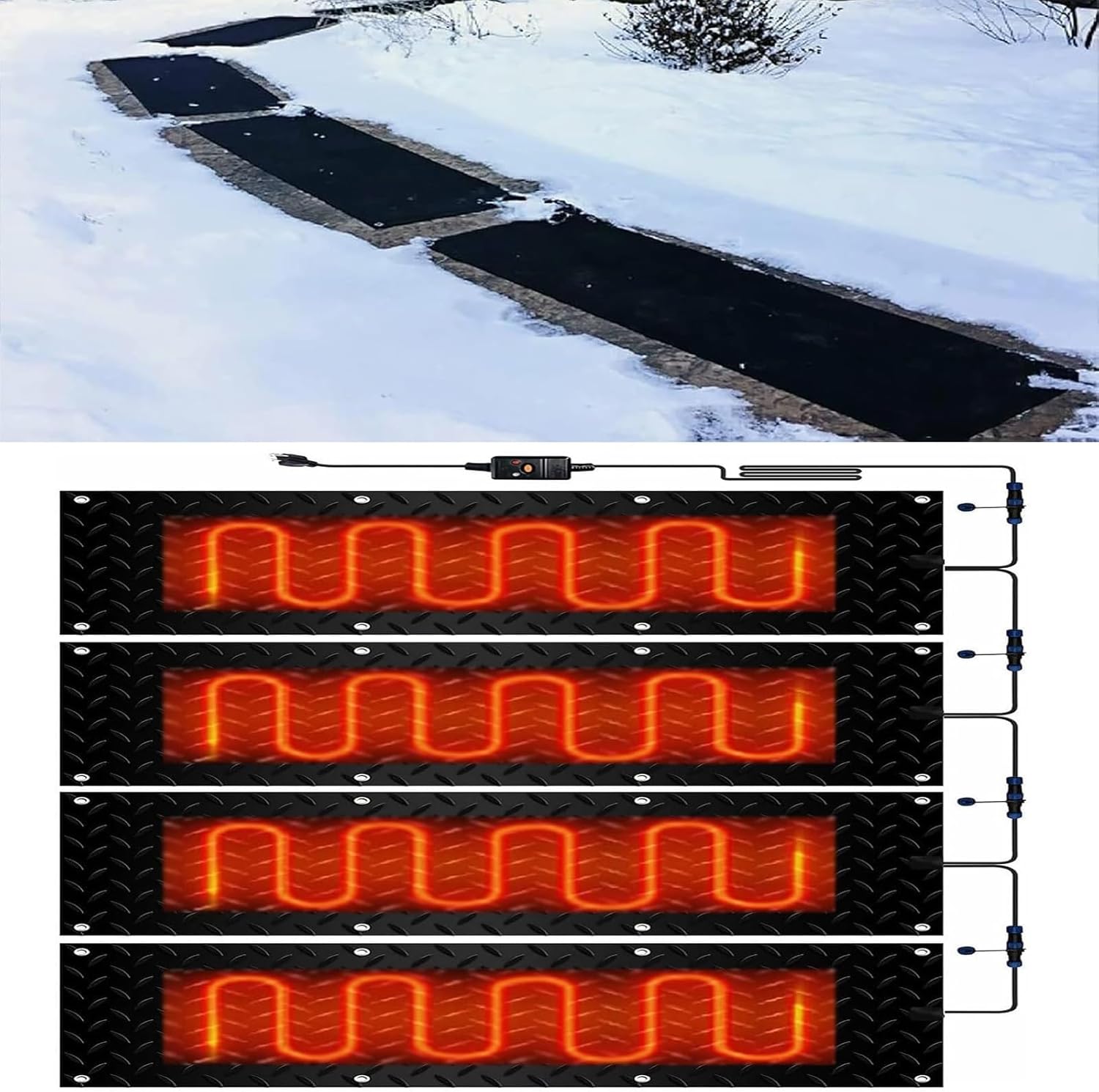 Snow Melting mats, Snow Melting mats Outdoor Driveway, Heated Snow Melting Mats for Stairs, 2 in/h Melting Speed with Power Cord and Connecting line(4 Pcs,25.4x120cm/10x48in)