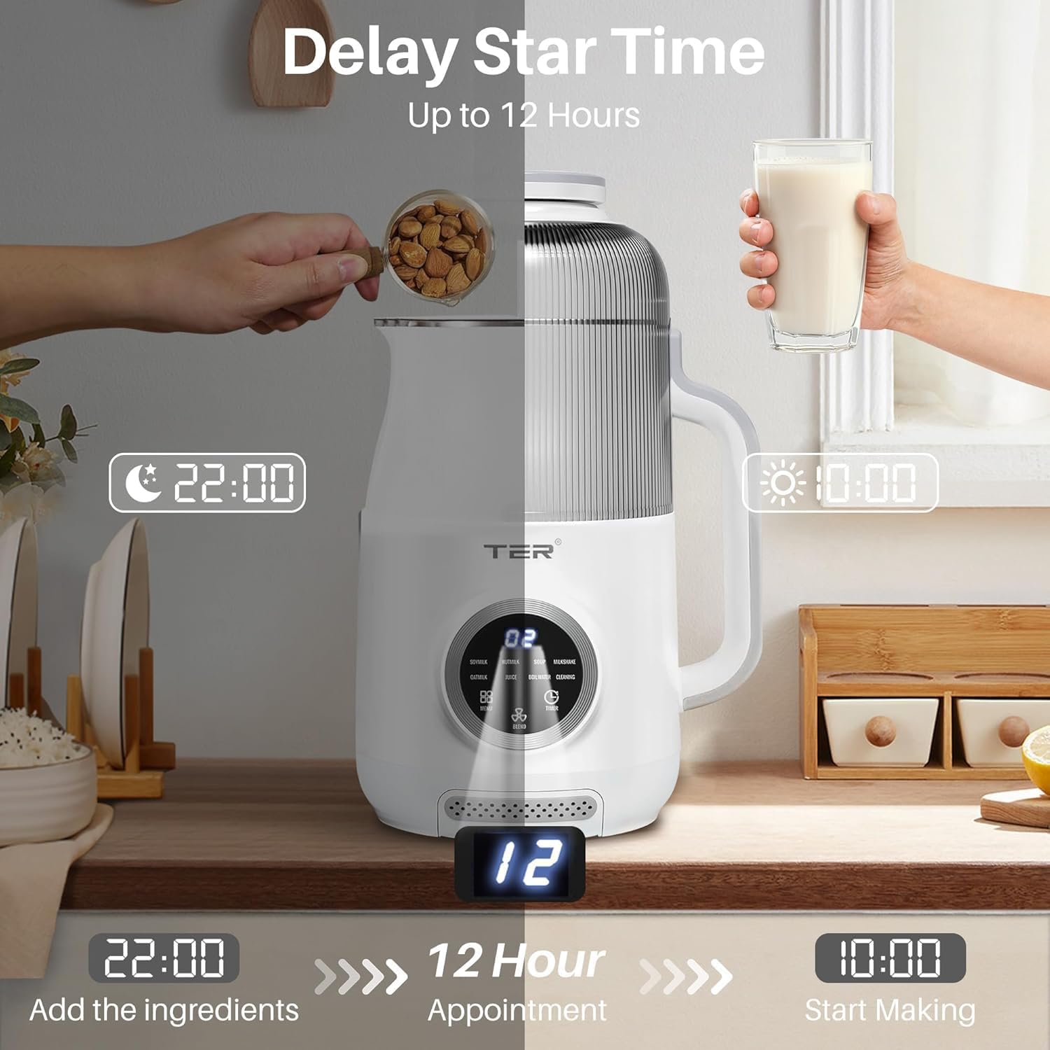 8-in-1 Nut Milk Maker, 40oz Blender Homemade Almond, Oat, Soy, Coconut milk, Juice & Soup, Electric Bean Milk Machine with Delay Start/Auto-Clean/Boil Water/Keep Warm, White