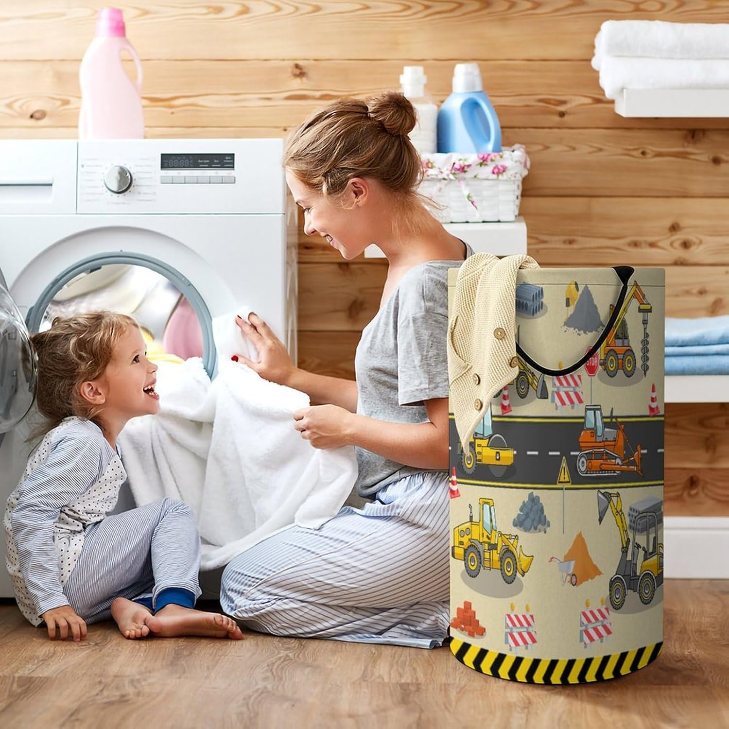 Modern Cartoon Construction Truck Laundry Basket Large Volume,Abstract City Engineering Machine Excavator Bulldozer Prints Dirty Clothes Basket Hampers Storage for Dorm And Family 15.7W