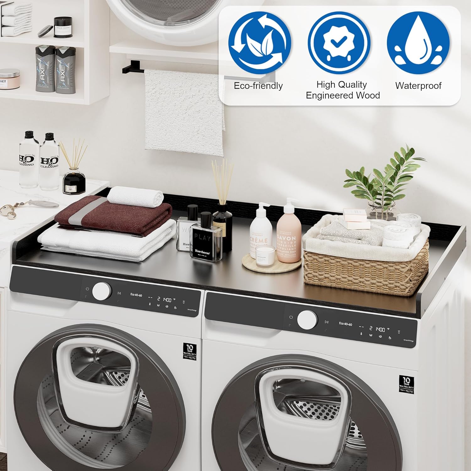 efluky Washer Dryer Countertop, Wood Countertop with Edge Rails for Laundry Room Organization and Storage, Washer Dryer Topper for Laundry Room, 27.5