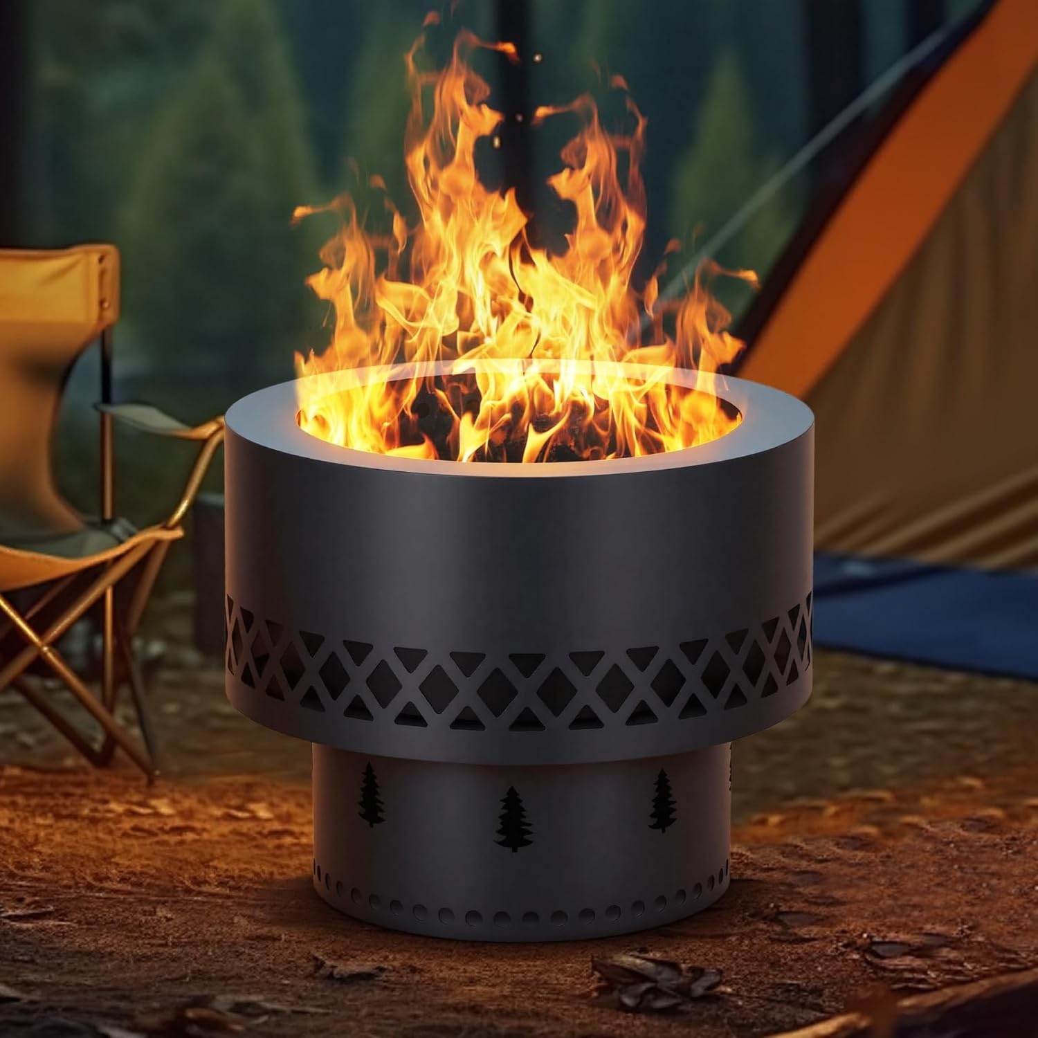 19 Inch Smokeless Wood Burning Fire Pit with Removable Ash Pan and Carry Bag, Stainless Steel Outdoor Fireplace for Patio BBQ, Bonfire, Camping, Backyard Gatherings