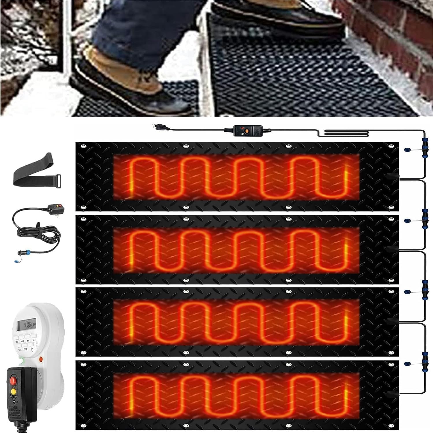 Heated Snow Melting Mats with Timer for Entrances-3/4 Pcs,Heated Snow Melting Mats for Stairs,Heated Outdoor Mats,Now Winter Removal,No-Slip Stair Heating with Time(4 Pcs-10x48in/(25.4x121.9 cm))