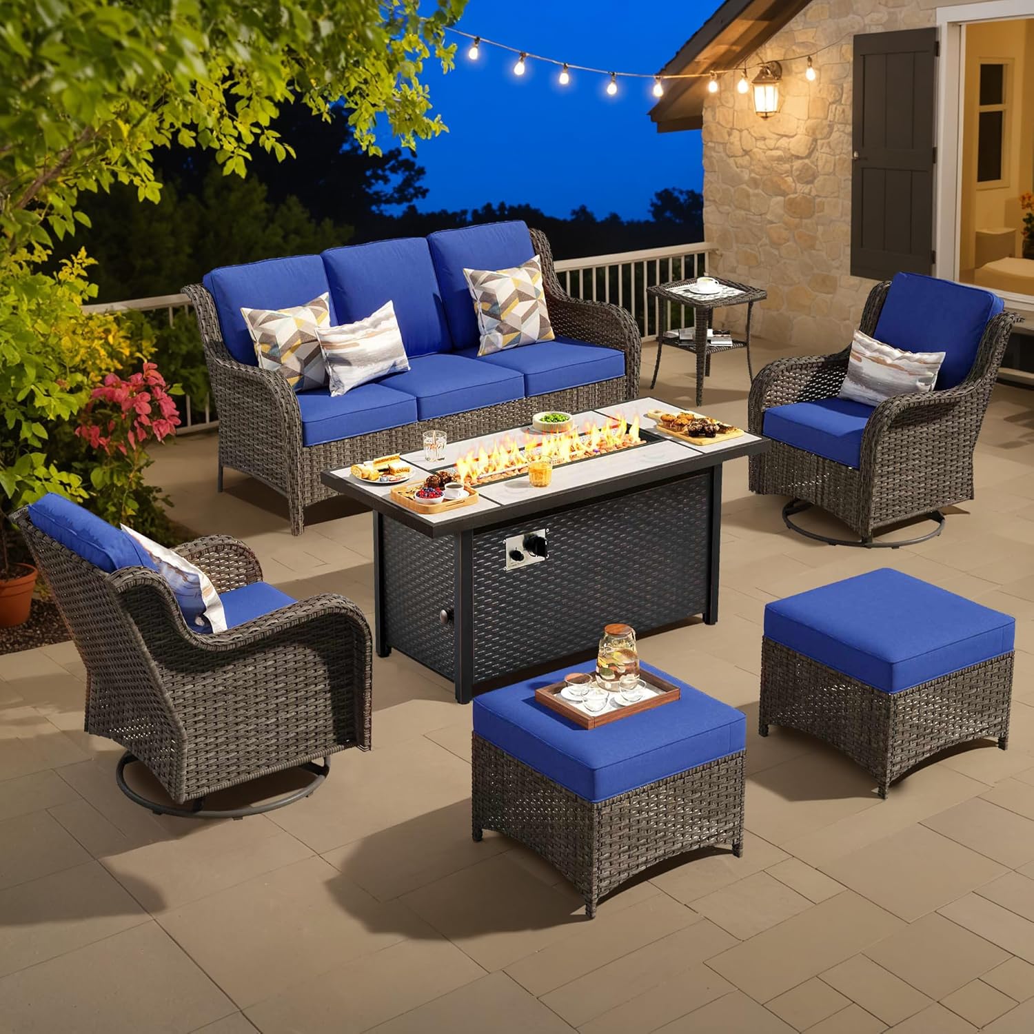 Patio Outdoor Furniture Set,Patio Seating Chair and Sofa Set (Brown Rattan,Navy Blue, 7 PCS w/ 54