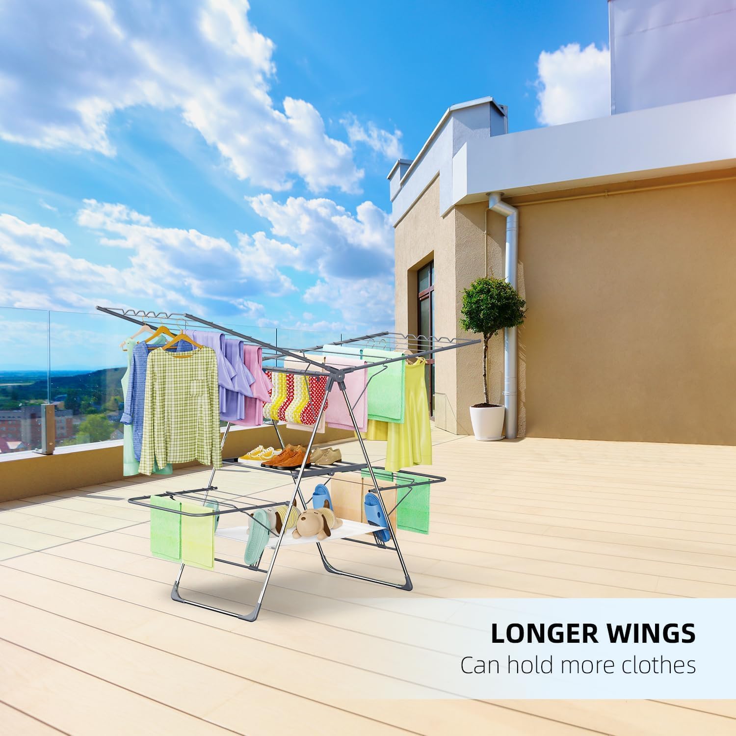 Clothes Drying Rack, Foldable 2-Level Laundry Drying Rack for Clothes,Stainless Steel Drying Rack Clothing Collapsible for Indoor Outdoor,with Height-Adjustable Wings