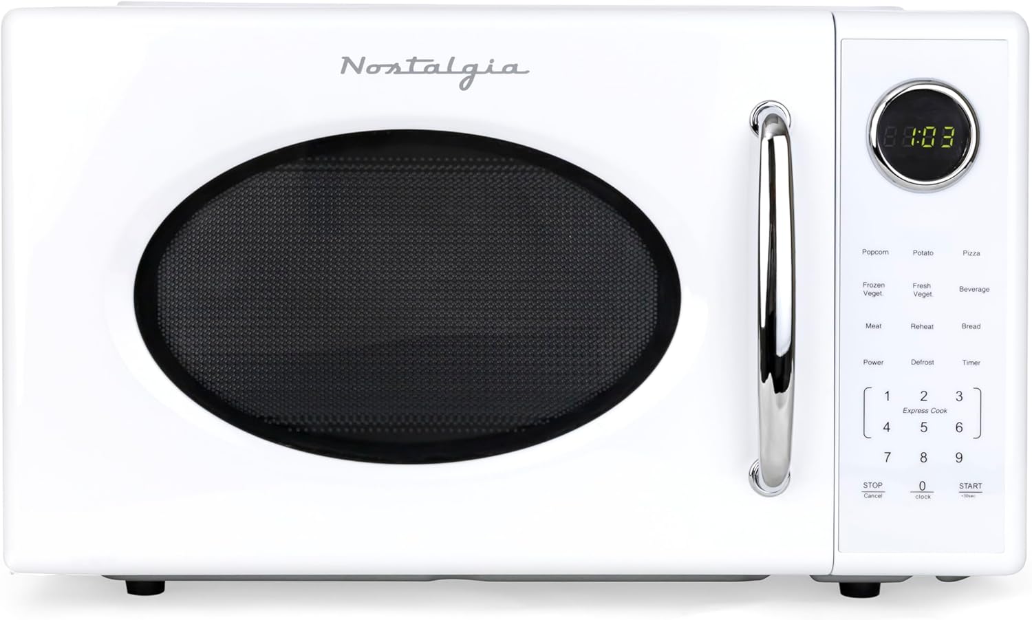 Nostalgia Retro 1000W Microwave Oven 1.1 Cu Ft Capacity – Child Safety Lock, 8 Auto-Cook Settings – Countertop Kitchen Appliance – White