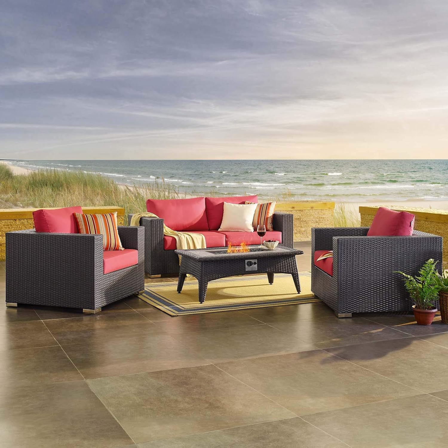Modway Convene Wicker Rattan 4-pc Outdoor Patio Sectional Set with Fire Pit in Espresso Red