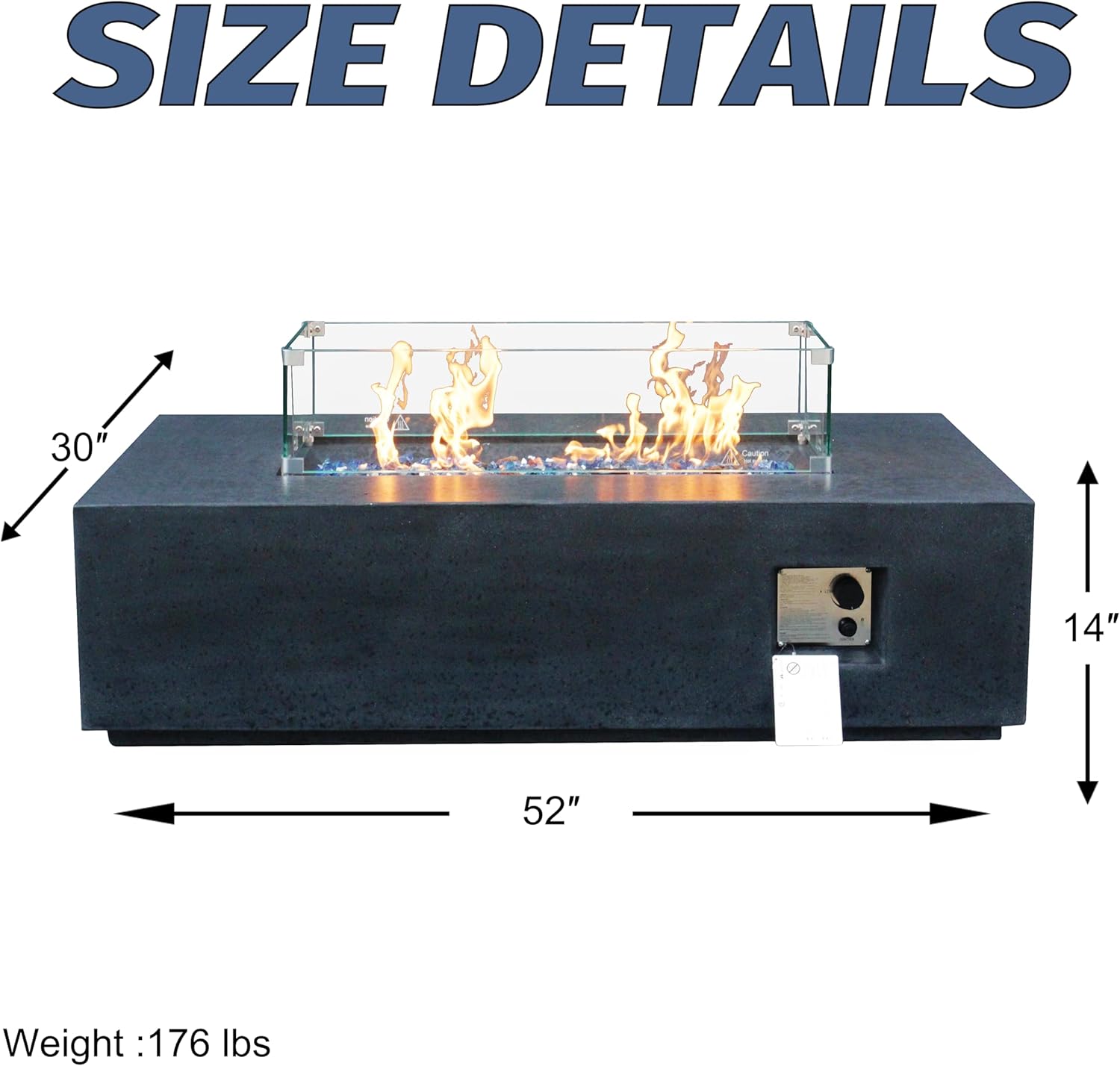 52 Inch Outdoor Concrete Propane Gas Rectangle Fire Pit Table in Dark Gray Color