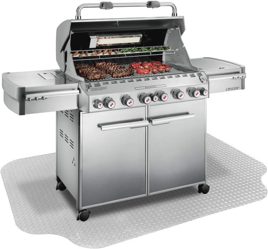 RESILIA Large Under Grill Mat – Heavy Duty, Reusable Outdoor Floor Protector Mats for Deck, Patio, & Garage – 72 Inch x 48 Inch with 12 Inch Splatter Protection Lip, Silver Diamond Plate, Made in USA