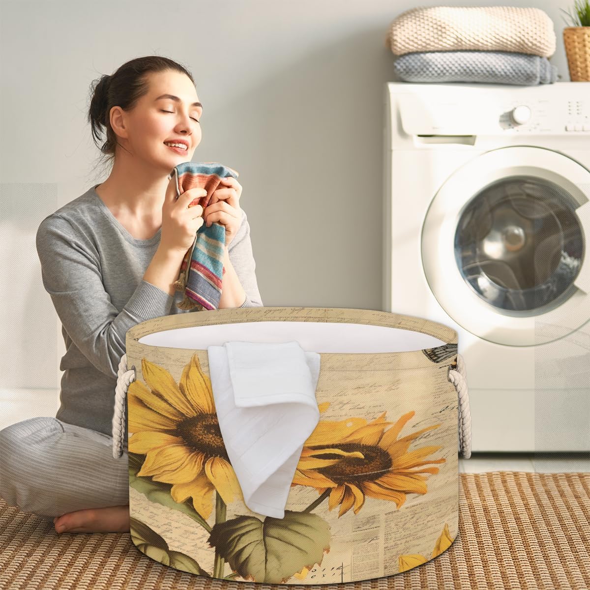 Vintage Style Bee Sunflower Round Storage Basket Laundry Hamper Collapsible Laundry Basket with Handles Large Canvas Storage Bin for Clothes Toys Nursery Bedroom Closet Organizer
