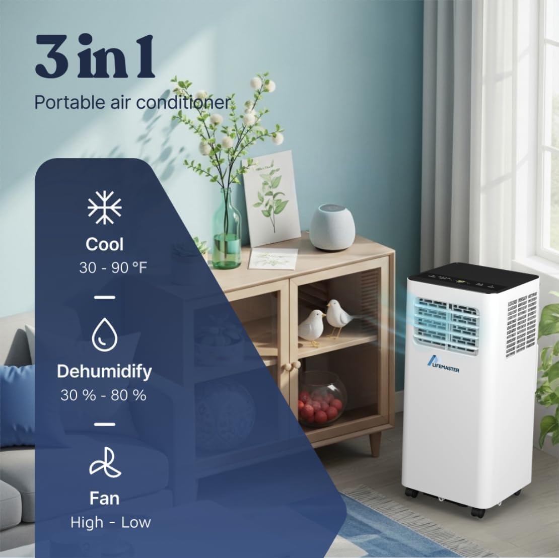 Lifemaster 3-in-1 Portable Air Conditioner, 8,000 BTU Rolling AC Unit with Cooling, Fan and Dehumidifier for Rooms up to 250 Sq. Ft., Remote Control, Digital Touch Panel, Window Kit Included, White