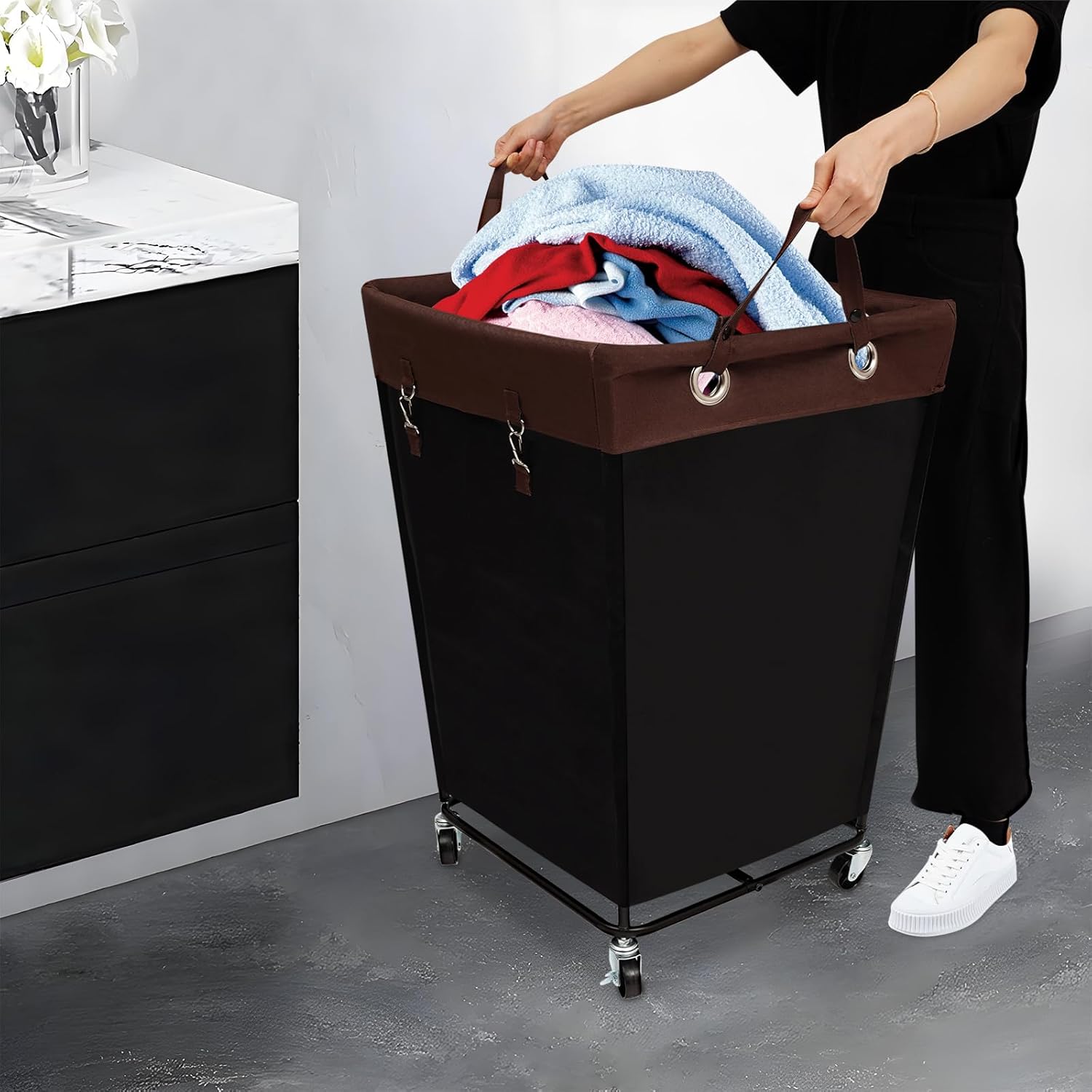 210L Laundry Storage Basket with Wheels, Large Rolling Laundry Hamper Cart with Removable Waterproof Laundry Bag, Dirty Clothes Basket for Hotel, Home, Closet, Dorm (Black)