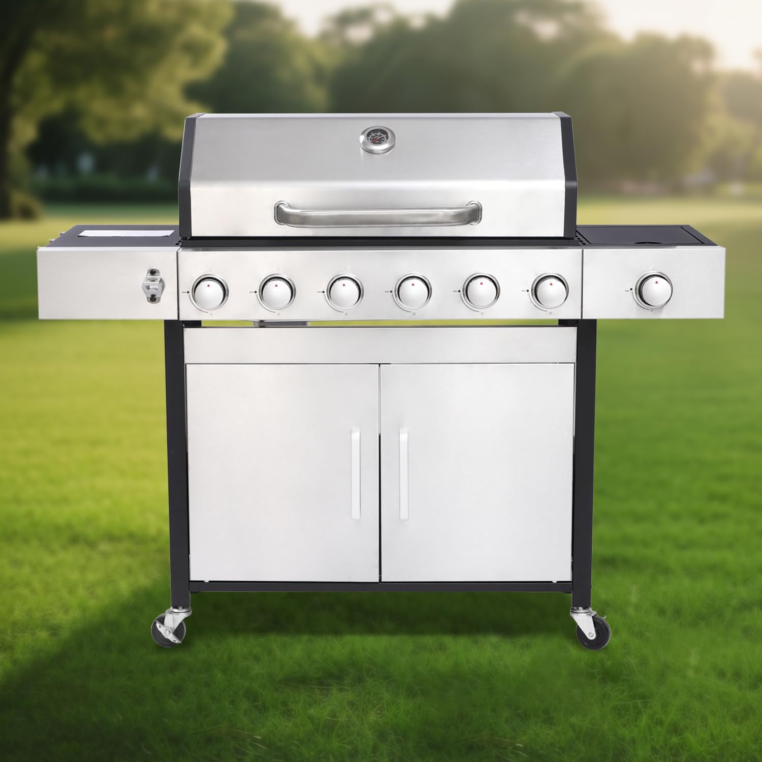 Commercial 6-Burner Propane Gas Grill with Side Burner, 65910 BTU Stainless Steel Outdoor BBQ Grill, Professional Enamel Firebox, Lockable Casters for Patio & Garden