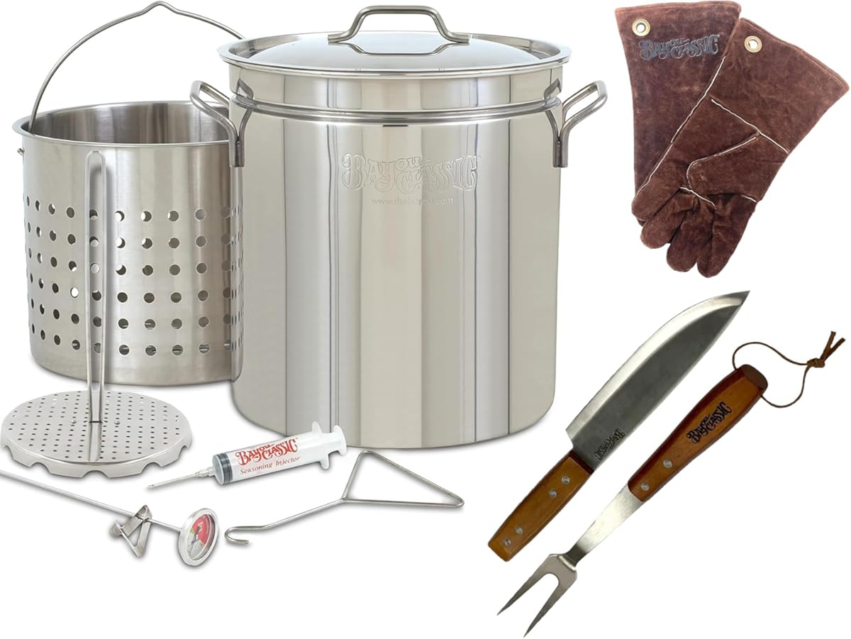 Turkey Deep Fryer Stainless Steel Oversized 44 Quart Stockpot with Basket Poultry Rack Thermometer Hook Seasoning Injector Knife and Fork Set Pair of Fry Gloves for Super Large Turkeys up to 25 Pounds