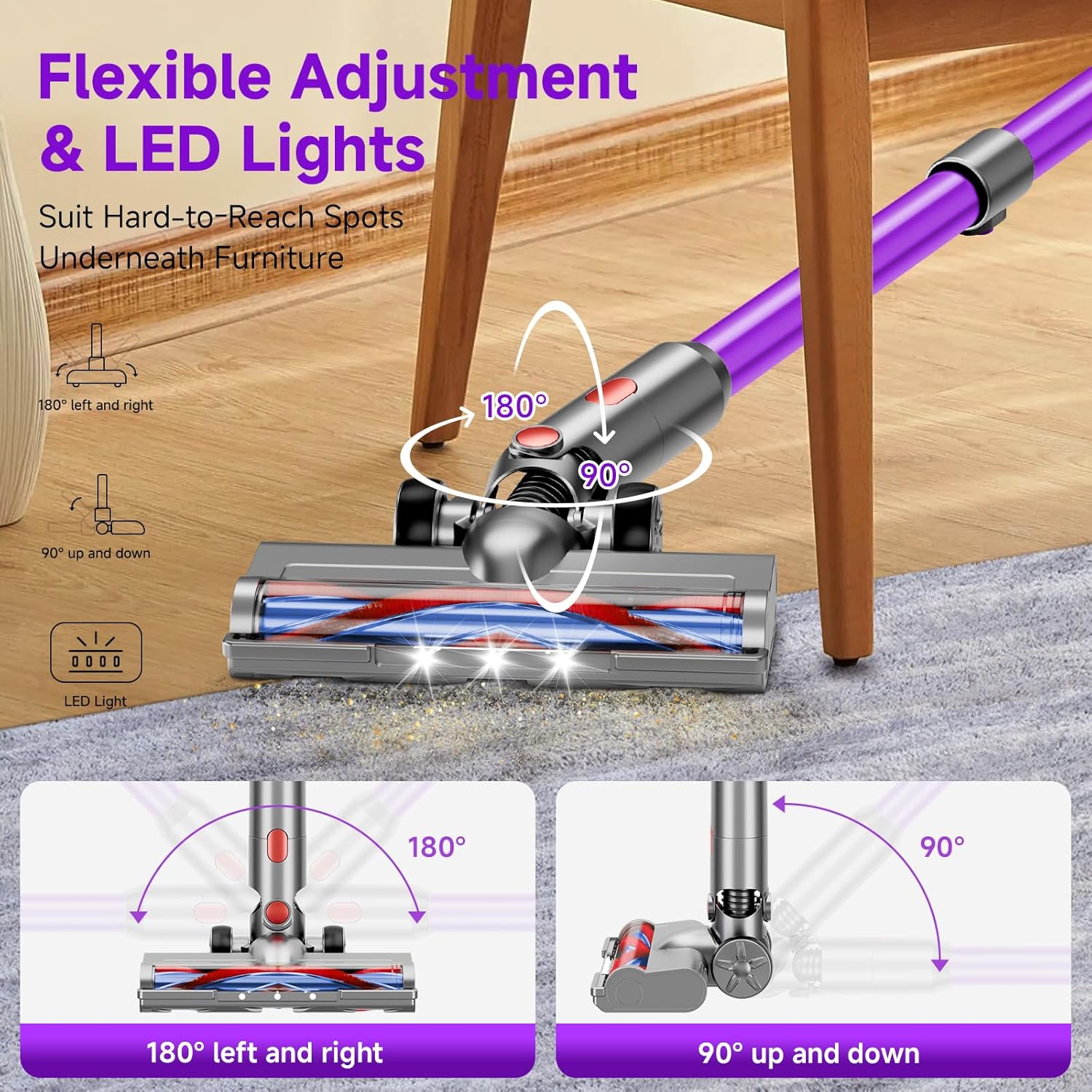 Cordless Vacuum Cleaner, 8 in 1 40Kpa 55Mins,Lightweight Vacuum Cleaners for Home, Stick Vacuum with Anti-Tangle Brush,Wall Mount, Rechargeable Cordless Vacuum for Floor/Sofa/Pet Hair,Purple