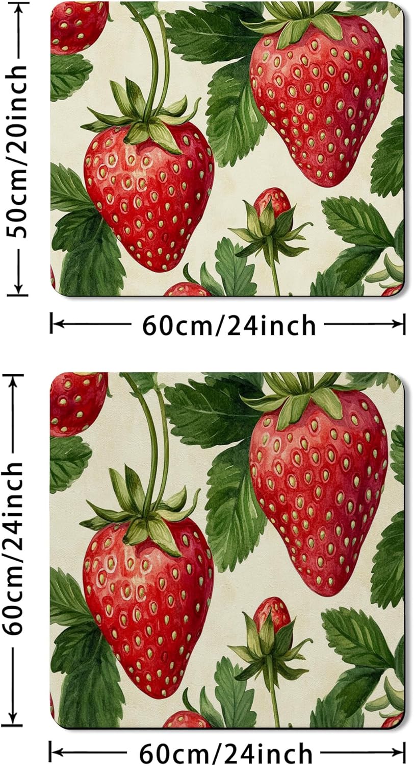 Strawberry Washer Dryer Top Protector Mat, Vintage Botanical Laundry Machine Dust Covers, Summer Rubber Anti-slip Waterproof Washer And Dryer Mats for Laundry Room 20x24 Inch