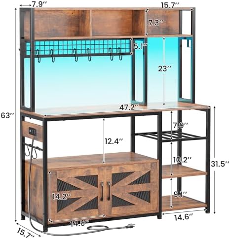 Itaar 47.2 Inch Bakers Rack with Power Outlet, Microwave Stand with Storage, Farmhouse Coffee Bar Cabinet Station with Wine Rack, Iron Mesh and 8-S Hooks (Rustic Brown)