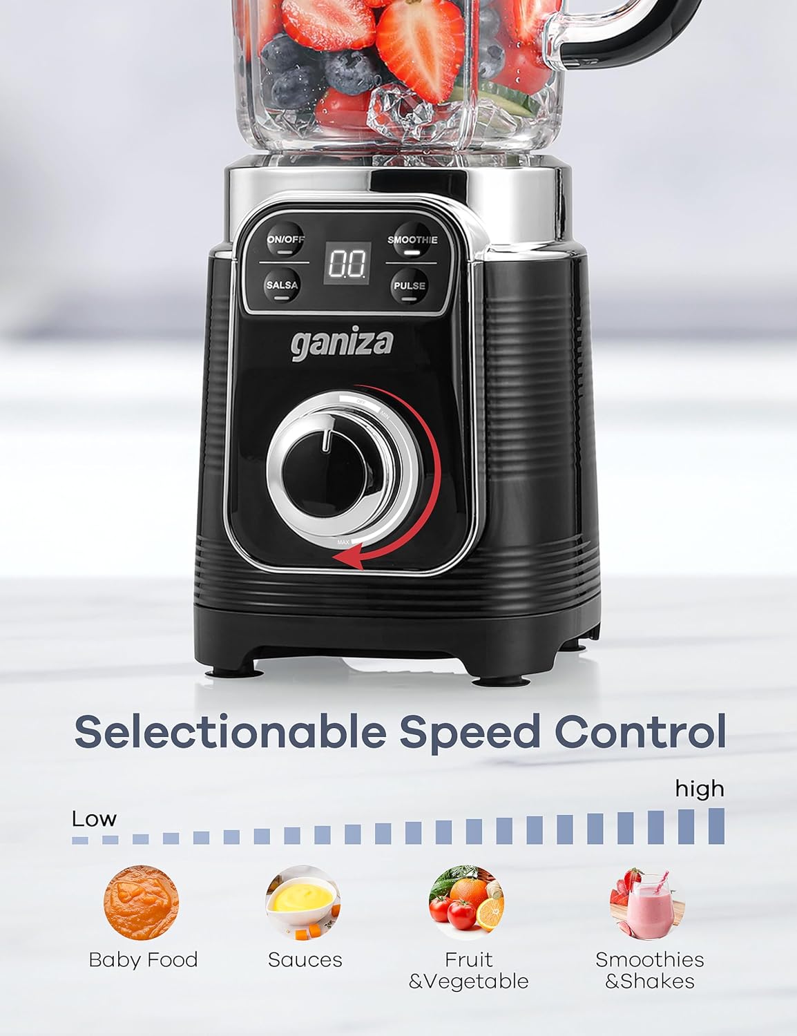 Ganiza Professional Smoothie Blender, Blenders for Smoothies with 1800 Peak Watts & 8 Auto Programs for Frozen Fruits & Ice, 64-oz Large Blender for Shakes and Smoothies, Nutritious Recipe