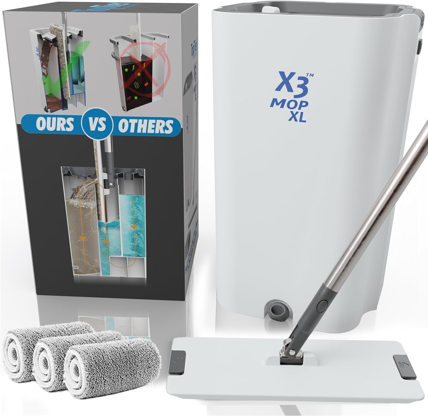 X3 Mop, Separates Dirty and Clean Water, 3-Chamber Design, Flat Mop and Bucket Set, Hands Free Home Floor Cleaning, 3 Reusable Microfiber Mop Pads Included (XL X3 Mop)
