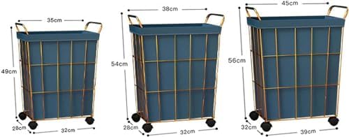 Laundry Basket Iron Wire Laundry Hamper on Wheels Rolling Laundry Basket w/Leather Liner Bag & Handle Gold Metal Frame Laundry Sorter for Bedroom Balcony (White 38x28x54cm) (Blue 38x28x54cm)
