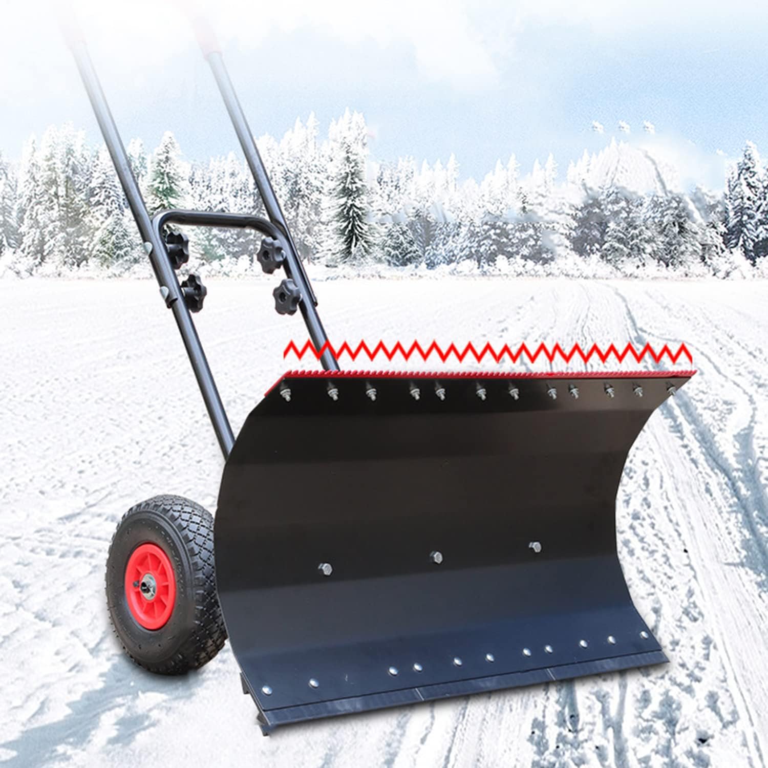 Snow Pusher with Shovel Ice Teeth, Large Capacity Snow Shovel, Wheeled Snow Shovel Plow with Handle, Angle and Height Adjustable, Snow Shovel for Driveway Garden Pavement,74 * 42cm