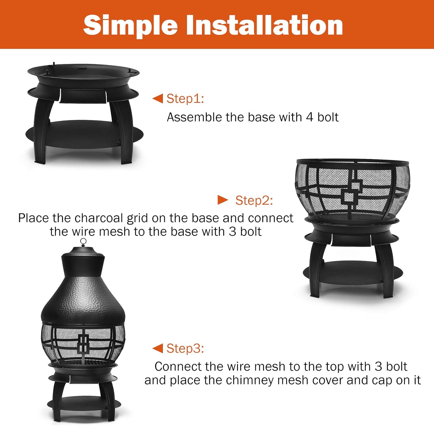 Giantex Wood Burning Chiminea, Heavy Duty Fireplace Chiminea Wooden Fire Pit with 2-Piece Log Grate, Premium Rain Cap & Fire Poker, 360°Fire Retardant Mesh Cover, Ideal for Garden, Patio, Backyard