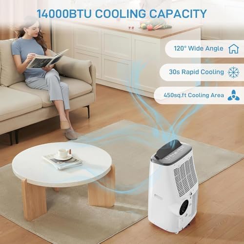 14000 BTU Portable Air Conditioner for Rooms Up to 700 Sq.Ft - 3-In-1 Cooling, Dehumidifier & Fan With Remote Control, Easy-Move Wheels, Window Ventilation Kit (Grey Cover)