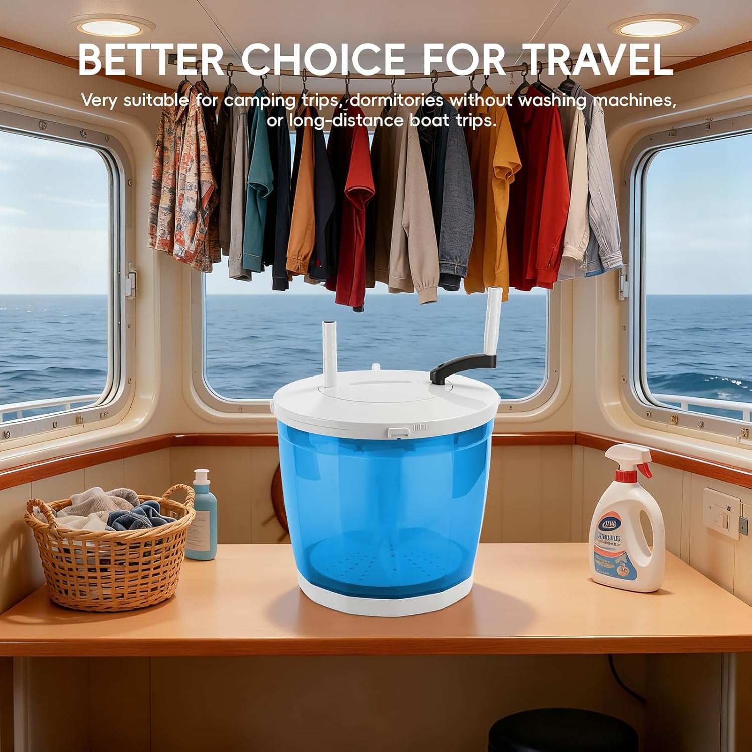 2 In1 Manual Clothes Washer, Portable Hand Crank Washing Machine Mini Dryer Spinner Labor Compact Laundry Machine for Camping, Dorm, Travel, No Electricity Needed, Suction Cup Base, 2kg Capacity Sky