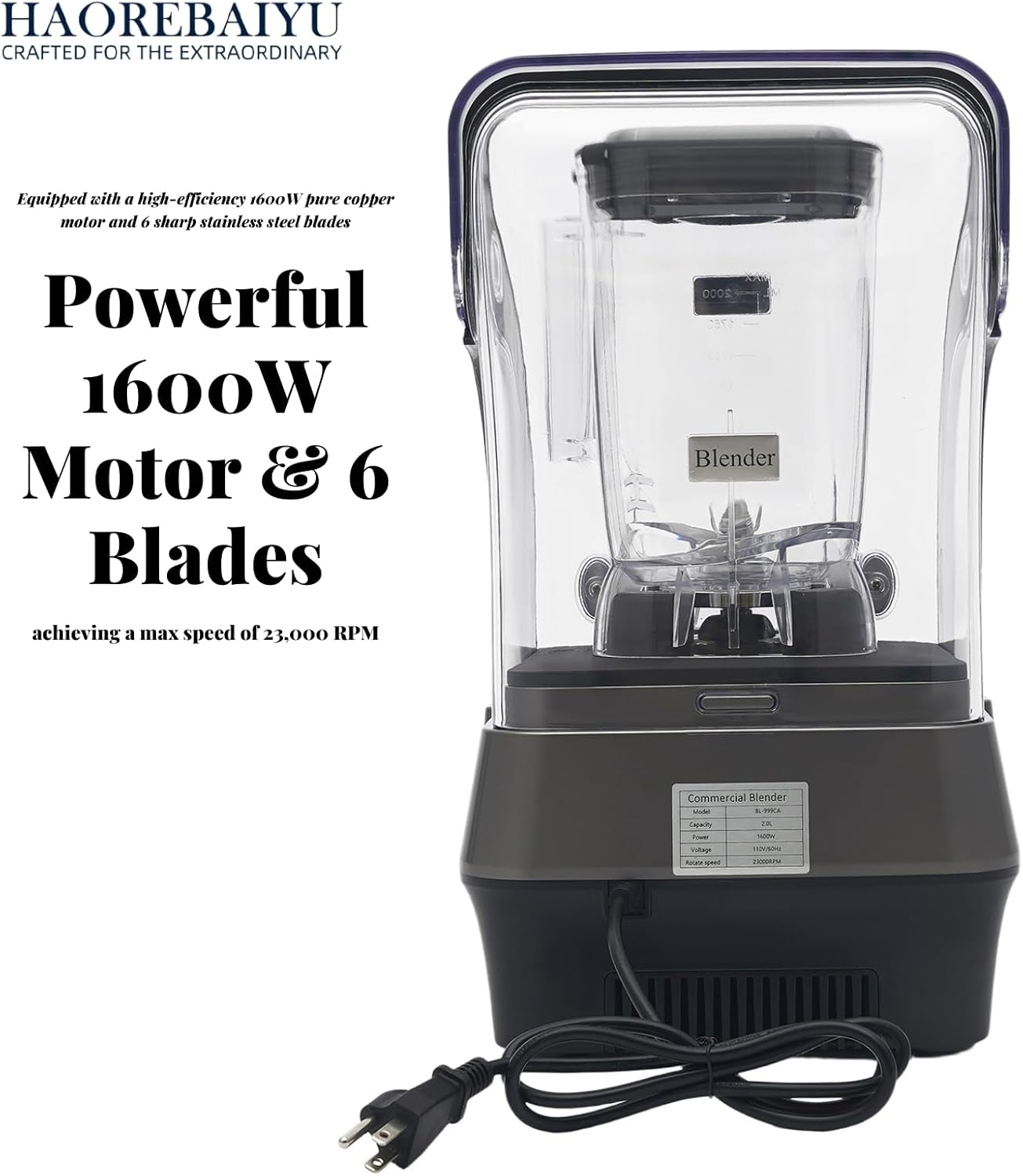 1600W Commercial Blender, 2L Large Capacity Multifunctional Blender with 9-Speed & Pulse, High-Speed Motor for Smoothies, Ice Crushing, Juice, Soup - Professional Heavy Duty & Quiet Design(110V)