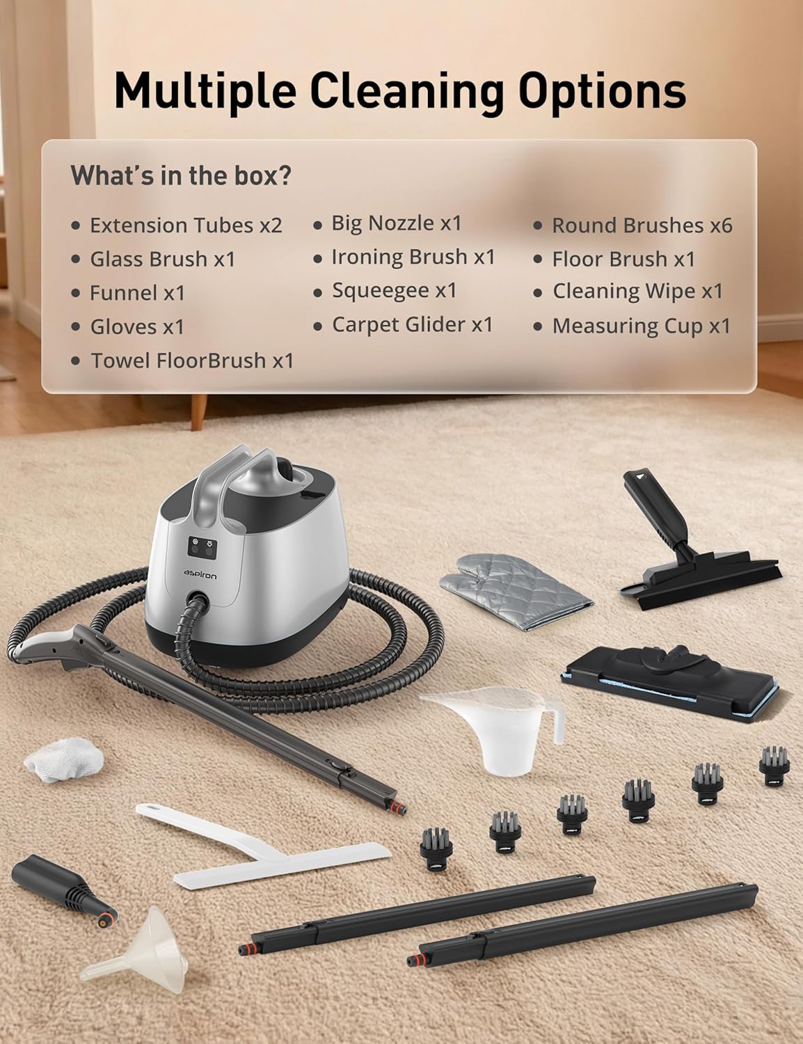 Steam Cleaner, 293°F 58 PSI Powerful Multipurpose Handheld Steam Mop for Home Use, 21 Attachments, 50Oz Capacity, Heavy Duty Steamer for Carpets, Floors, Cars, Tiles, Crack Cleaning, Titanium Silver