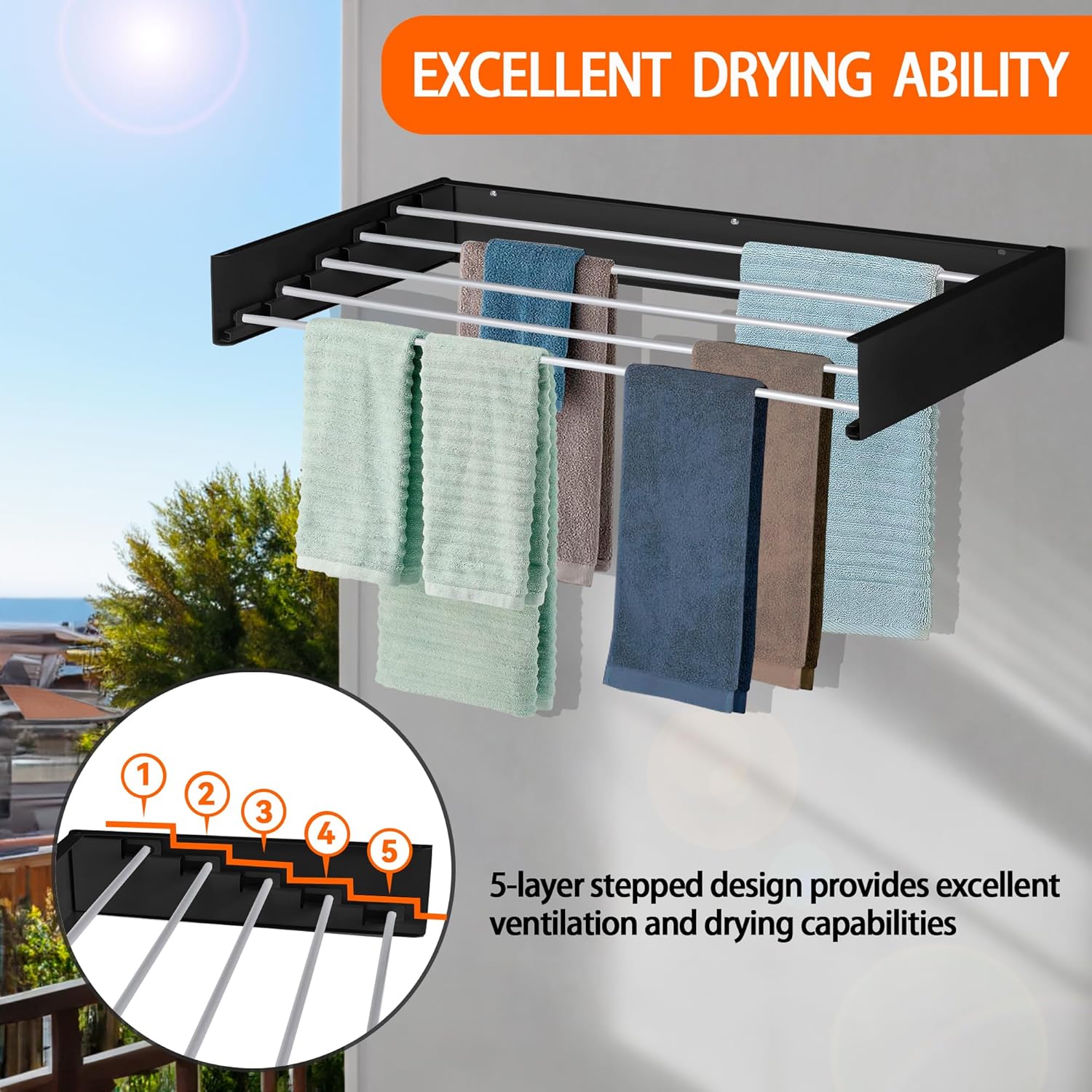 FOCHIER F Laundry Drying Rack Wall Mounted Clothes Drying Rack Collapsible with 5 Aluminum Rods and Drilling Template Long Screwdriver Bit 60 lbs Capacity (Black, 40