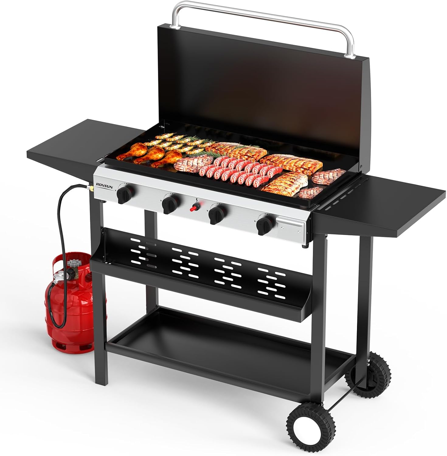 ROVSUN 4 Burner Portable Propane Griddle with Enameled Tray & Lid, 40000 BTU Rolling Flat Top Gas Grill with Electronic Ignition, Side Shelves & Regulator for Outdoor Cooking Camping BBQ Tailgating