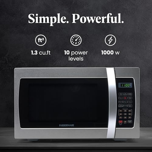 Farberware 1.3 Cu. Ft. Countertop Microwave Oven – 1000 Watts Power, Auto Cook Settings, Defrost, Easy Clean and Child Safety Lock - Stainless