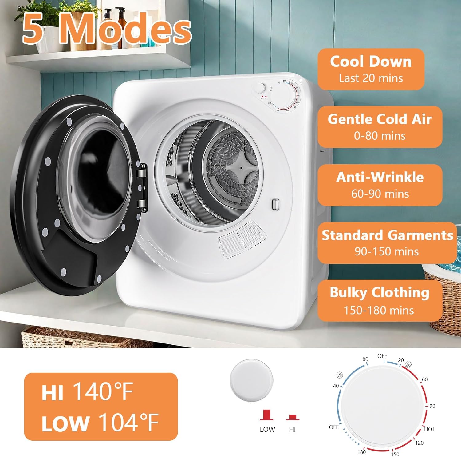 120V Portable Clothes Dryer, 800W Compact Laundry Dryer, Easy Control, 1.6 Cu.Ft Front Load Stainless Steel Electric Dryers Machine with Simple Control Knob for Apartment, RV, Dorm