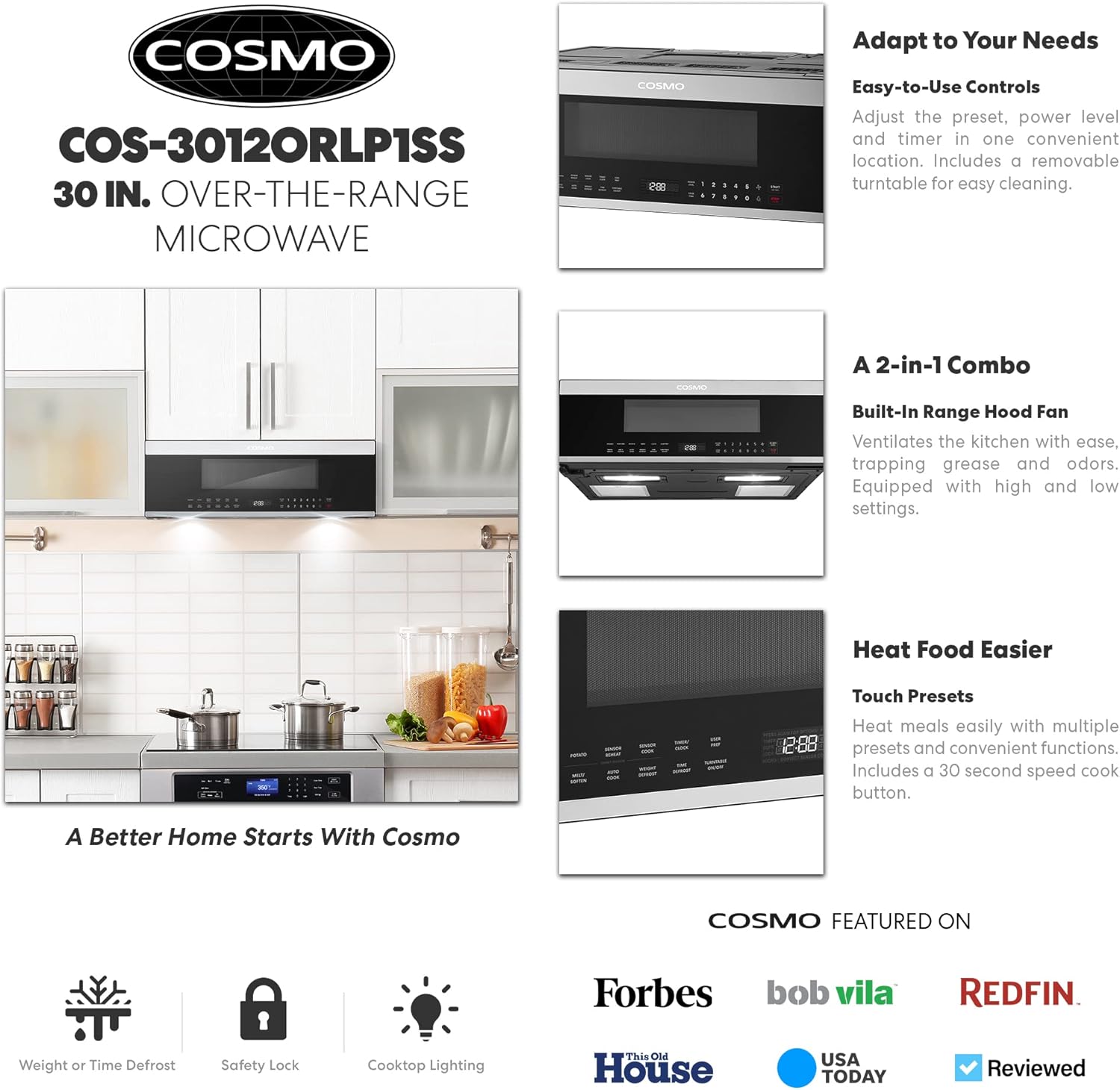 COSMO COS-3012ORLP1SS 30 in. Stellar Collection 1.2 cu. ft. Slim Over the Range Microwave, 1000W, Automatic Presets, Touch Controls, Black