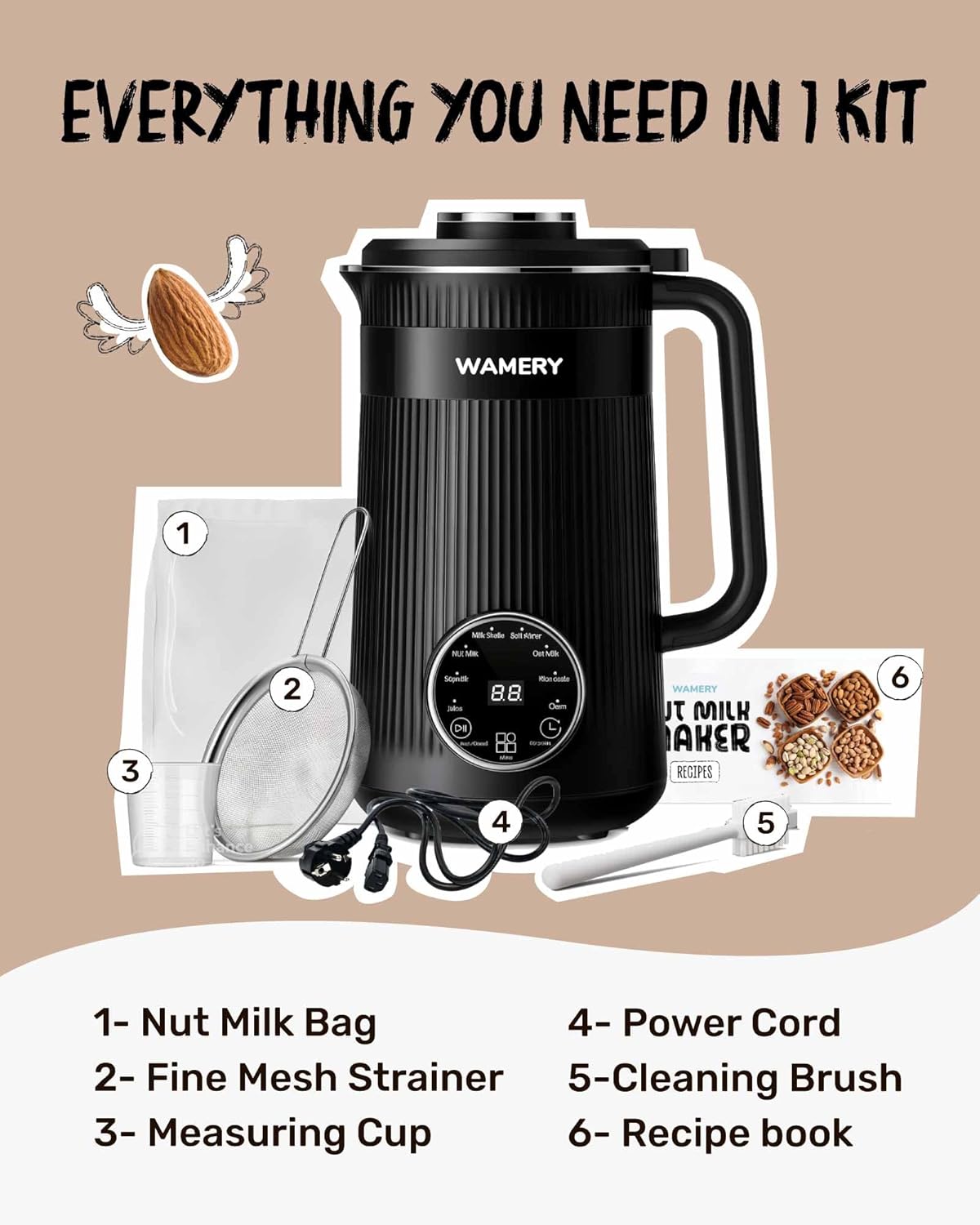 Wamery 32oz Nut Milk Maker Machine (Black) - Soy Milk Maker for Almond & Oat, Automatic Heated Programs, Self‑Cleaning, Delay Start, Keep Warm & Boil Water, 1‑Liter Capacity with Starter Accessories