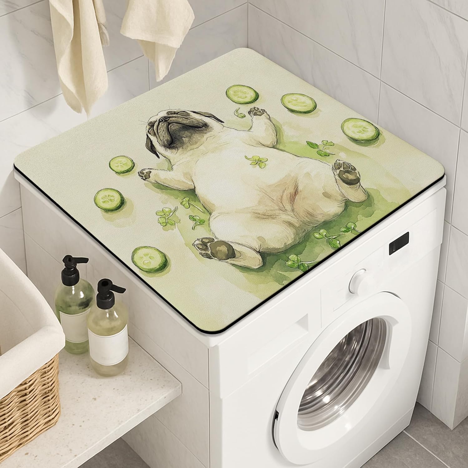 Cute Pug Washer Dryer Top Protector Mat, Fanciful Animal Design Laundry Machine Dust Cover, Summer Home Decor Rubber Anti-slip Waterproof Mat for Laundry Room 24x24 Inch