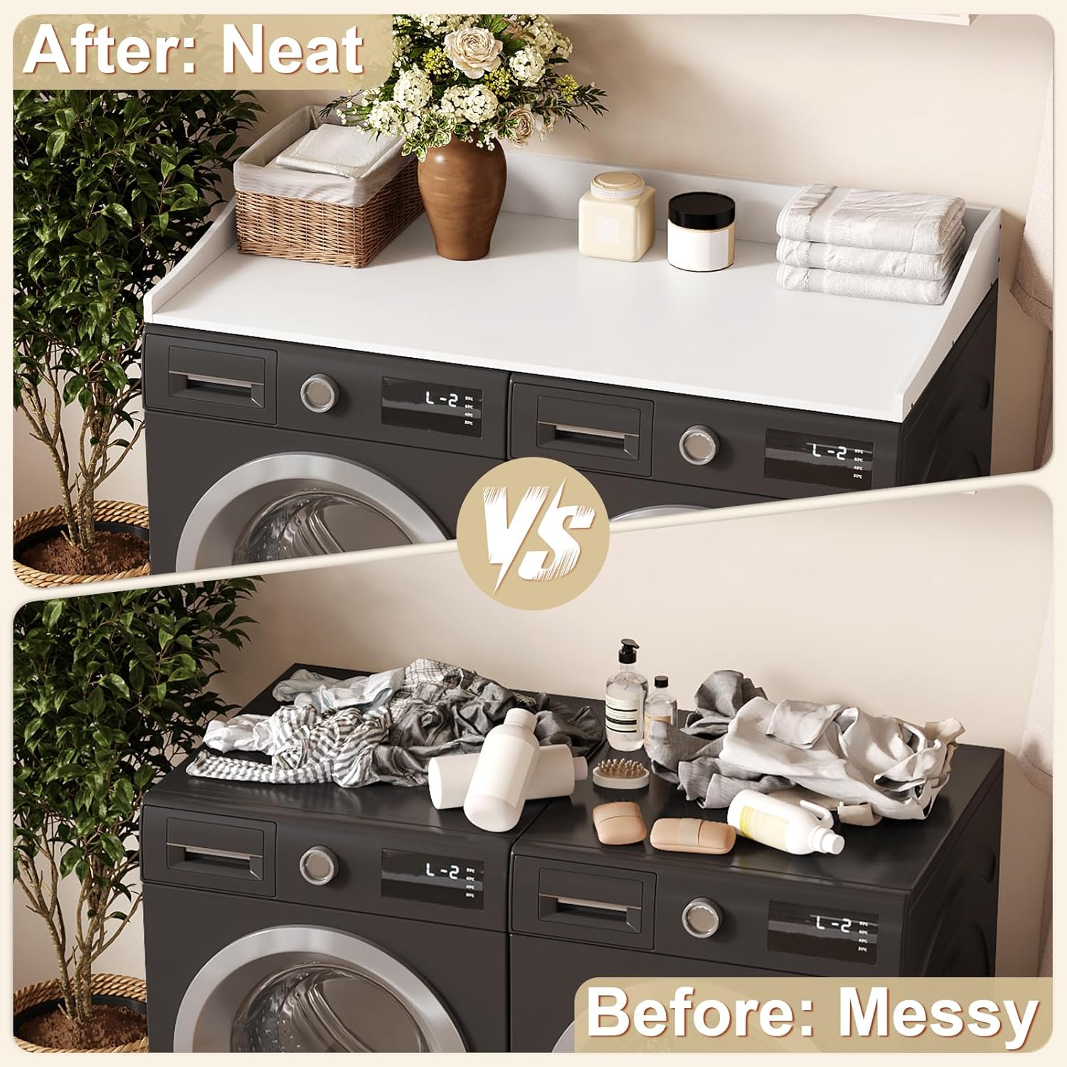 54'' Washer Dryer Countertop, Laundry Room Organization Washer and Dryer Combo Countertop Organizer with Non-Slip Mat, White