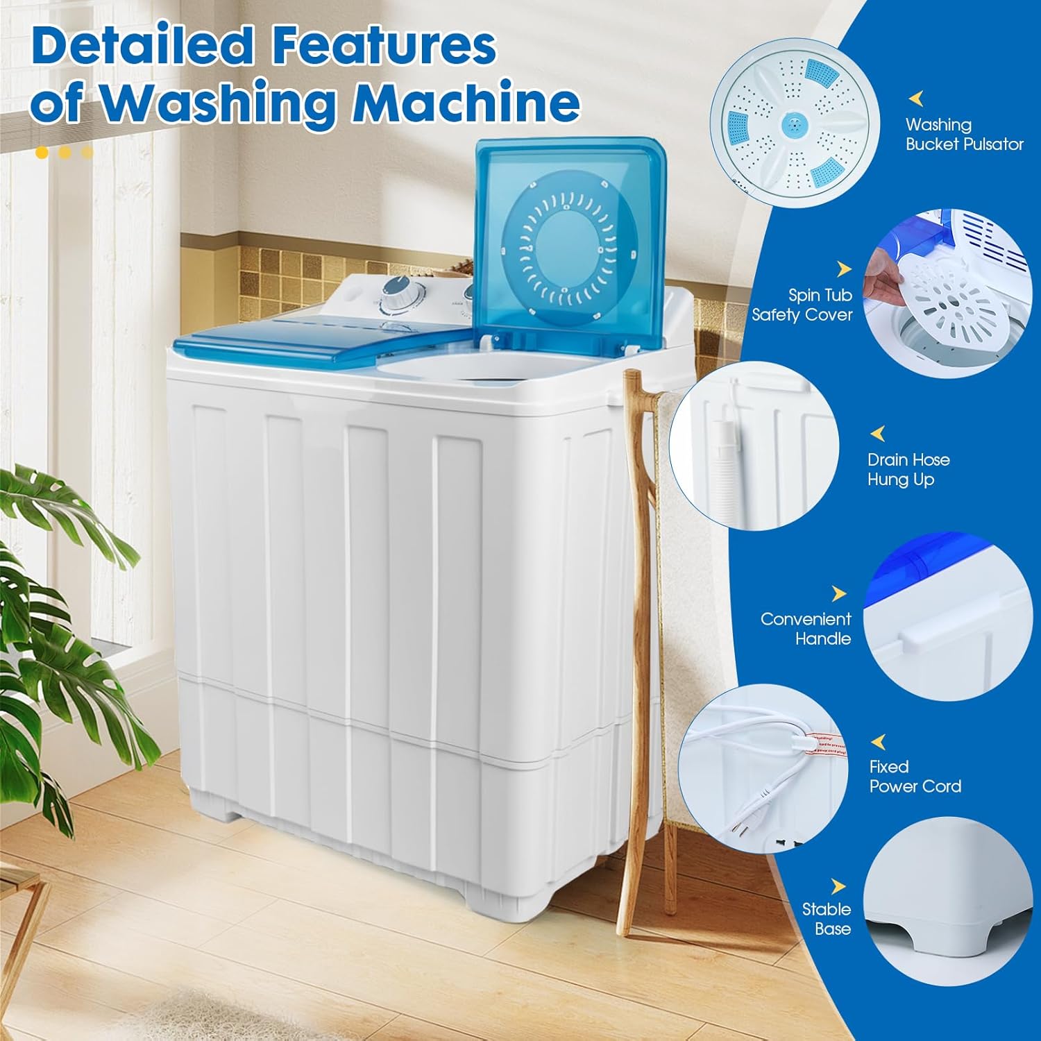 14 lbs Portable Dual Tub Washing Machine with 9.5 lbs Wash Capacity and 4.5 lbs Spin Capacity, Perfect for Small Spaces & Dorms, Blue