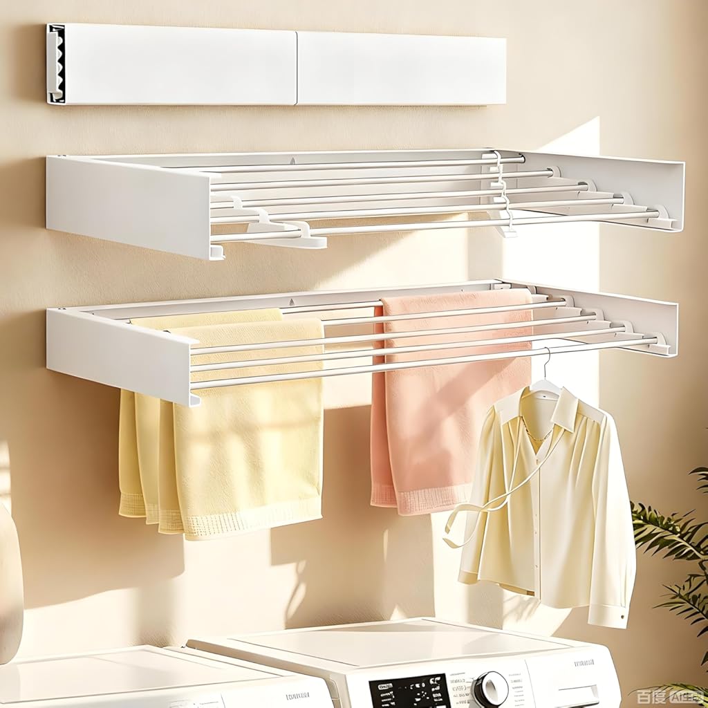 Wall Mounted Drying Rack for Laundry Retractable Clothes Dryer Racks 31.5” with 60 lb Capacity, Heavy Duty Clothing Drying Rack Foldable Space-Saving Design for Indoor & Outdoor